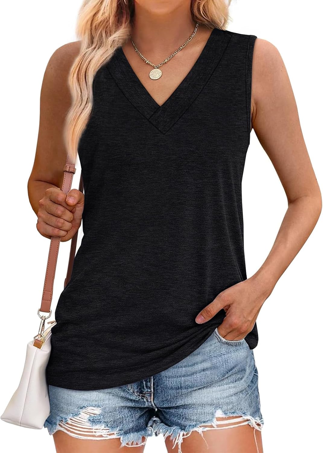 ✨Women Summer Loose Fit V Neck T Shirts Trendy Sleeveless Basic Tank Tops