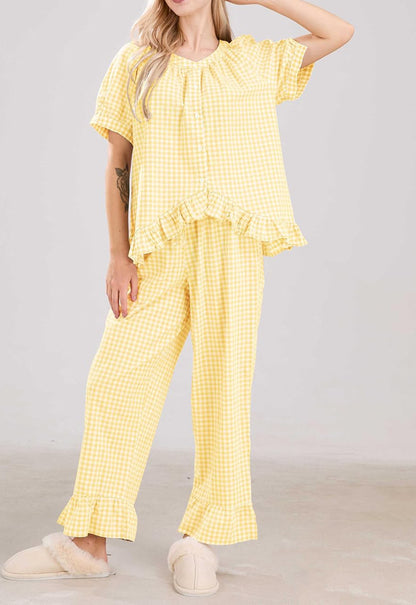 ✨Women Plaid 2 Piece Set Pajamas Outfits Short Sleeve Ruffle Shirt Pants Sets