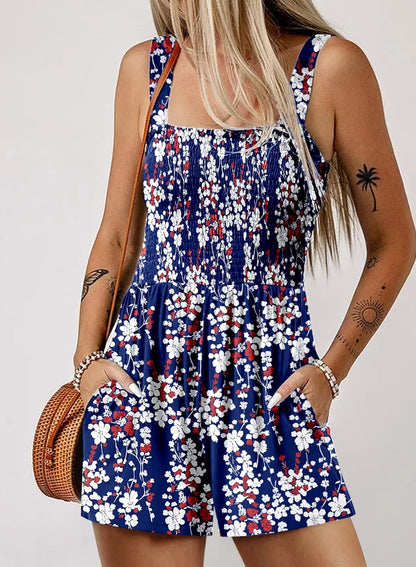Women's Casual Sleeveless Floral Jumpsuit Cute Romper with Pockets