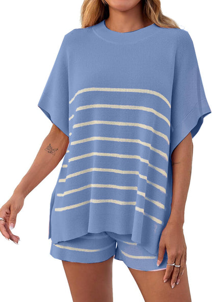 ⏰Hot Sale-Women's Striped 2-Piece Oversized Batwing Sleeve Short Sleeve Top and Shorts Set