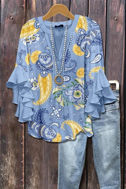 Women's Mixed Floral Print Ruffle Bell Sleeve Top