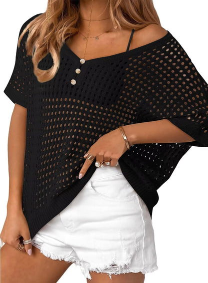✨Womens Summer V Neck Short Sleeve Button Down Sweater Casual Crochet Hollow Out Knit Tops Beach Coverup
