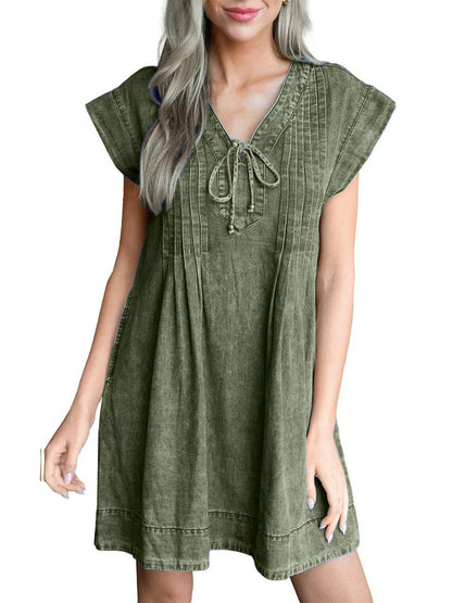 ✨Women's V-neck Pleated Denim Dress With Pockets