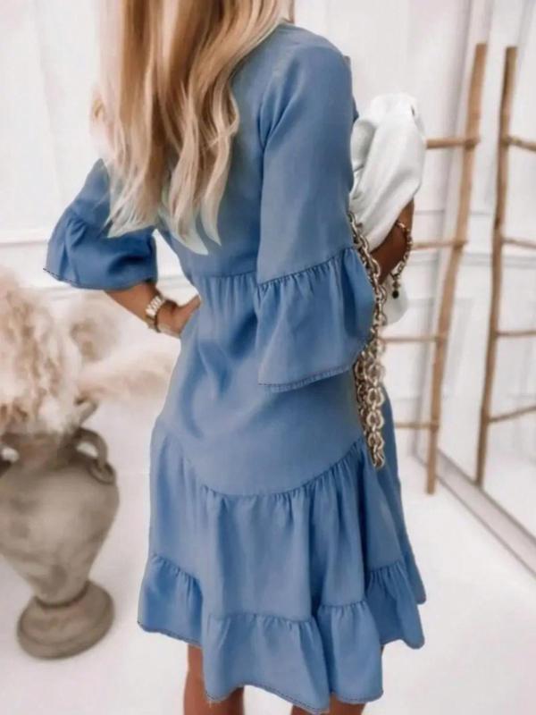 Women's Denim Ruffle Trim V Neck Dress