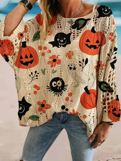 ✨Halloween Crew Neck Pumpkin Loose Fit Long Sleeve Cutout Sweater
