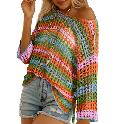 Womens Spring Summer 3/4 Sleeve Crochet Sweater Hollow Out Color Block Striped Tops