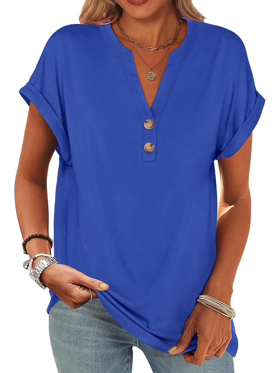 ✨Women's V Neck Button Casual Loose Fit Short Sleeve Henley Tops