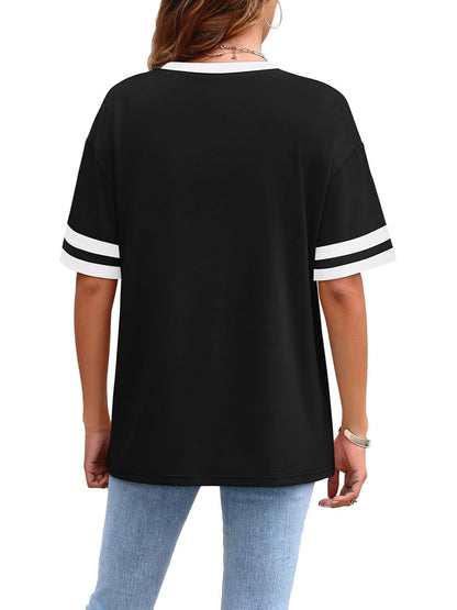 ✨ Women's Oversized Crew Neck Colorblock Striped Sleeve T-shirt