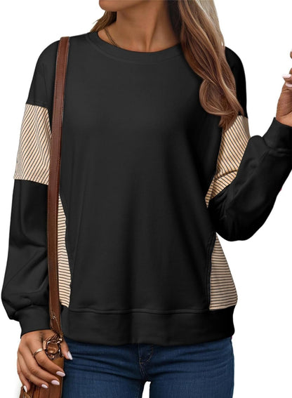 ✨Women's Crewneck Patchwork Stripe Long Sleeve Pullover Sweatshirts