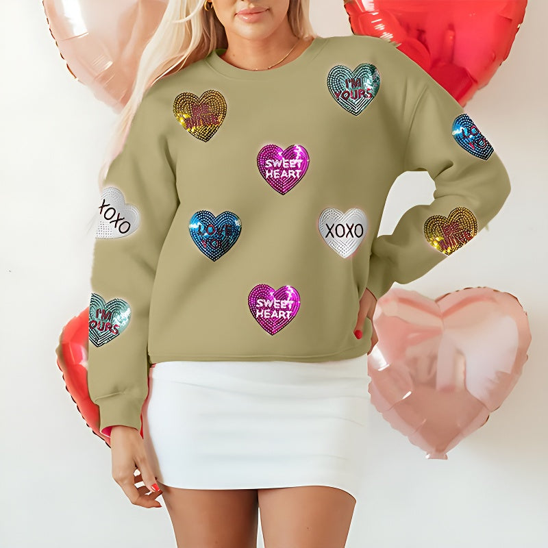 Womens Valentine's Day Sweatshirt with Heart Sequins