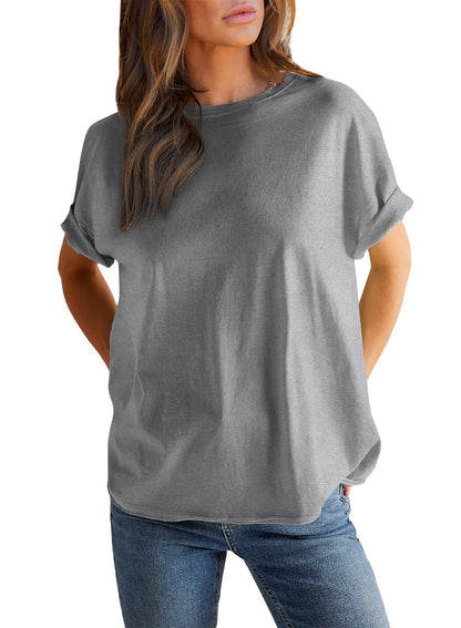 Women’s Round neck solid color short sleeve back spliced T-shirt cotton tee