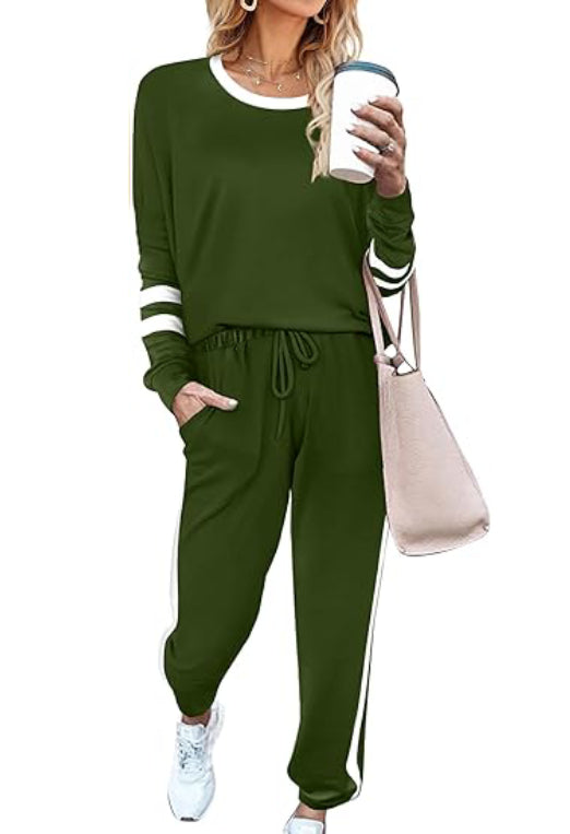 ✨Women's Solid Long Sleeve Round Neck Pulloever Top Drawstring Pants Set