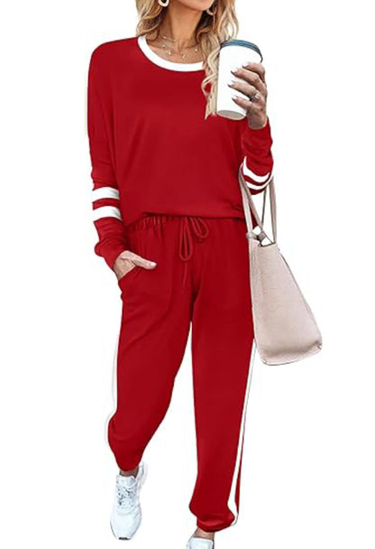 ✨Women's Solid Long Sleeve Round Neck Pulloever Top Drawstring Pants Set