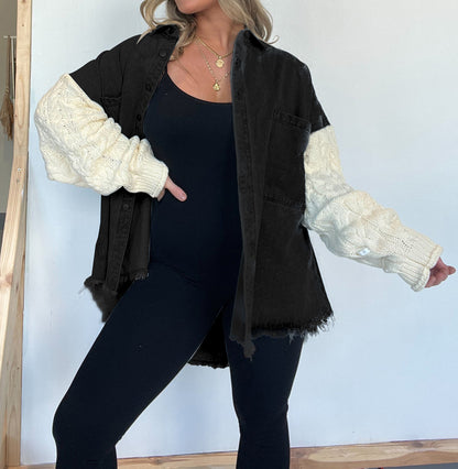 Cozy Sweater Sleeve Denim Shacket (Buy 2 Free Shipping)