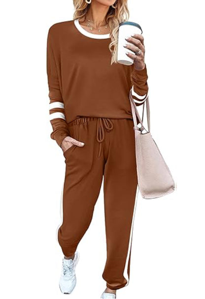 ✨Women's Solid Long Sleeve Round Neck Pulloever Top Drawstring Pants Set