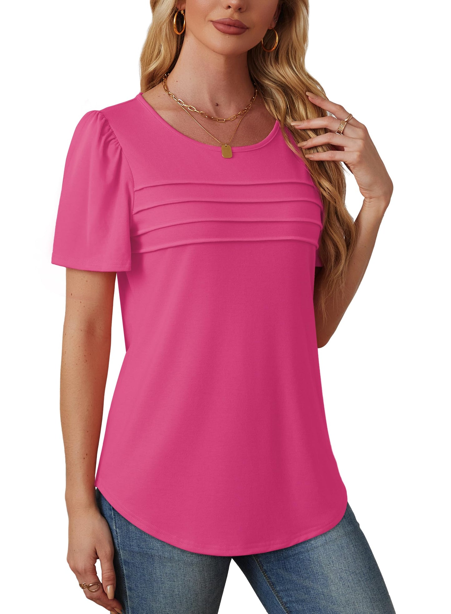 ✨Women's Short Sleeve Pleated Front Scooped Neck Tops