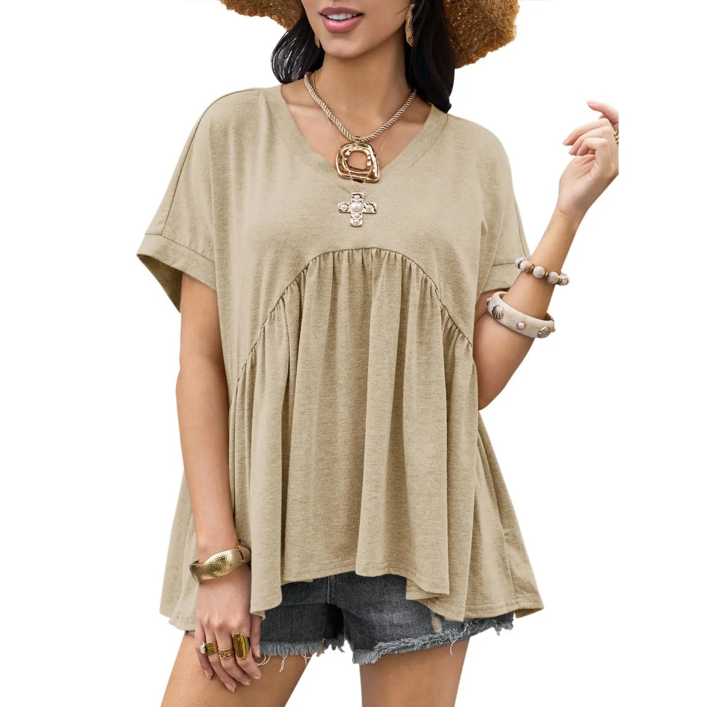 Women's Ruffled Top, Loose Babydoll Style, Short-Sleeve V-Neck T-Shirt