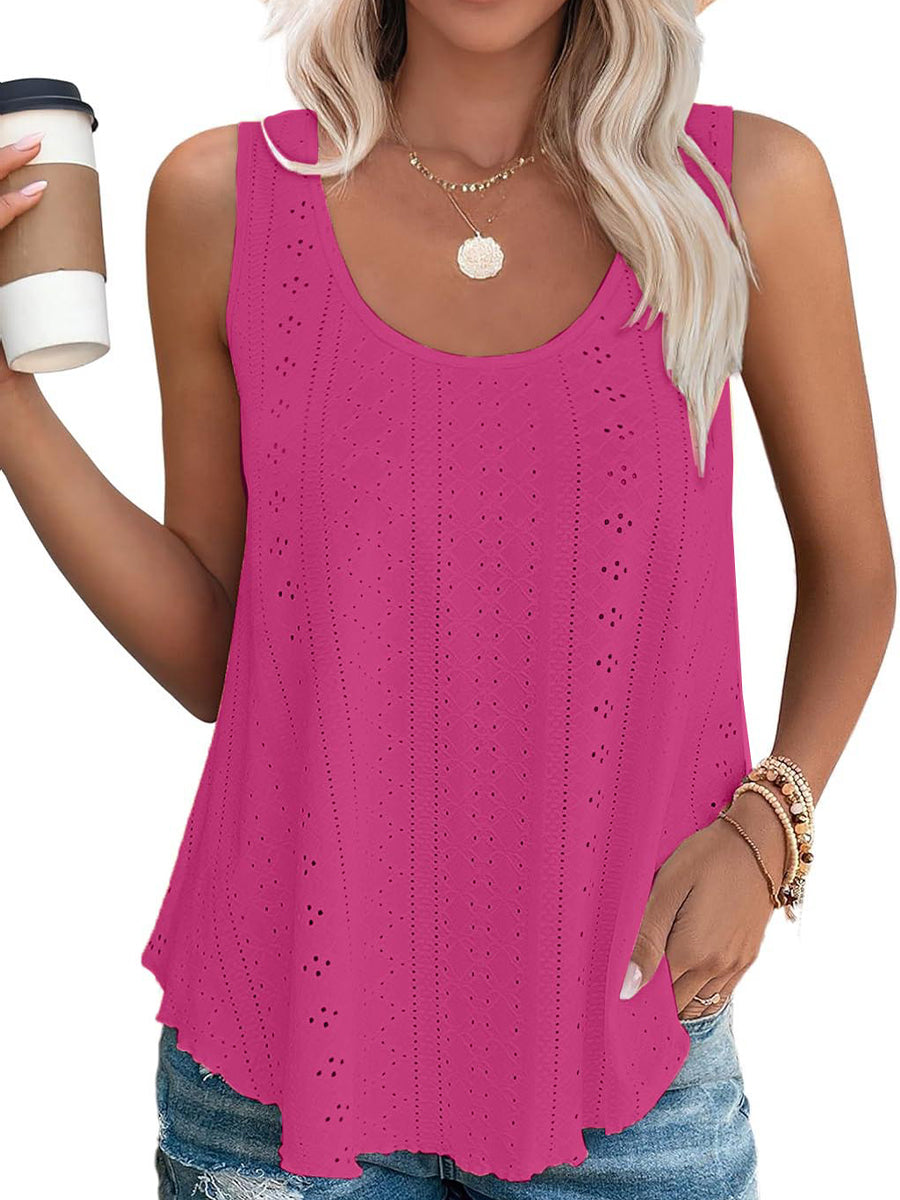 HOT SALE Women's Casual Loose Scoop Neck Wide Strap Eyelet Tank Tops