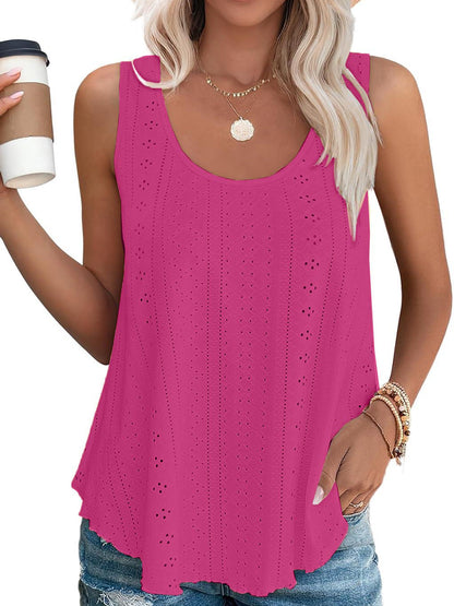 HOT SALE Women's Casual Loose Scoop Neck Wide Strap Eyelet Tank Tops