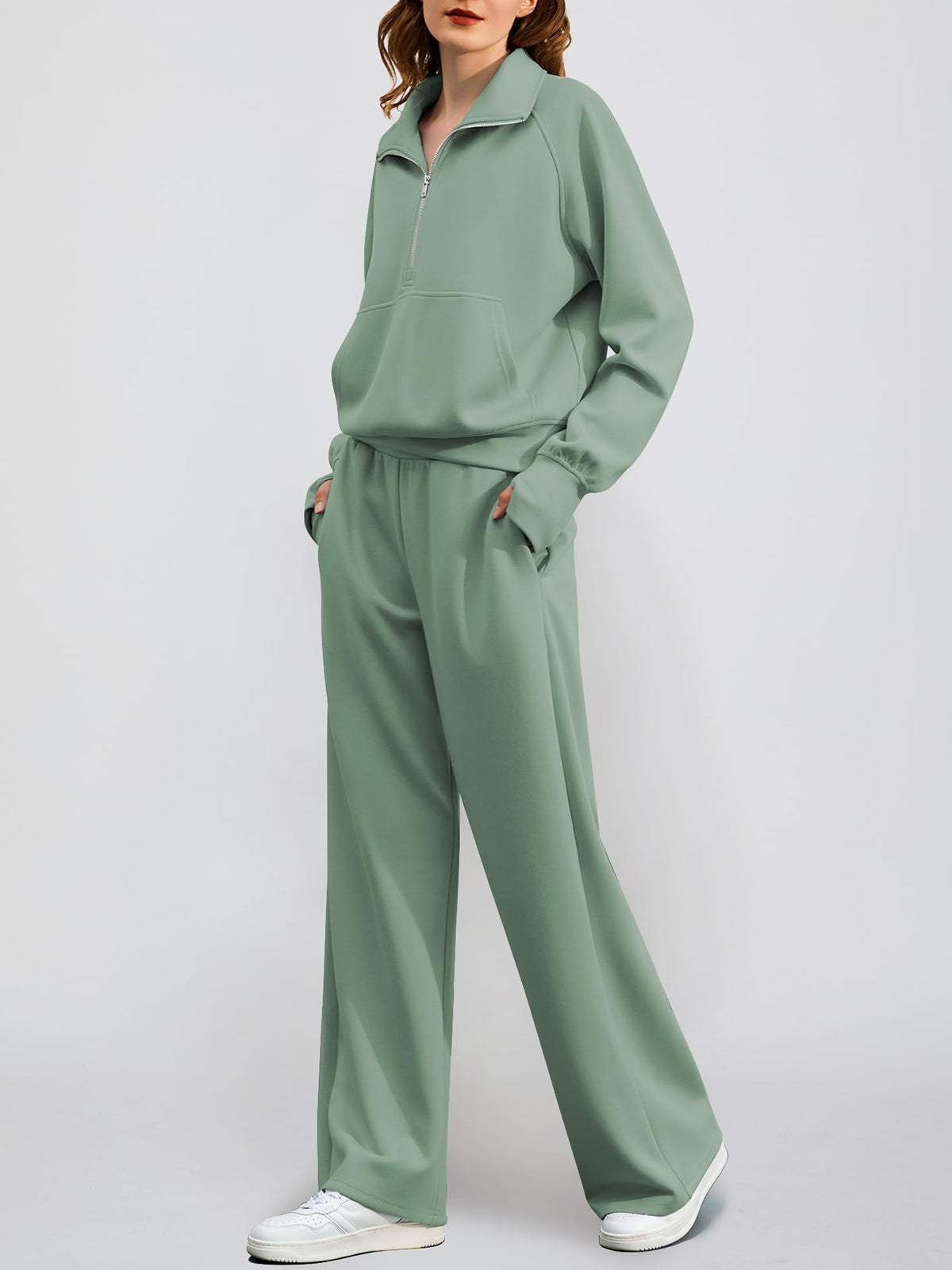 Women's Oversized Half Zip Wide Leg 2 Piece Outfits Lounge Set