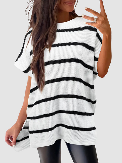 Women Crew Neck Loose Stripe Knit Tee with Side Split Hem