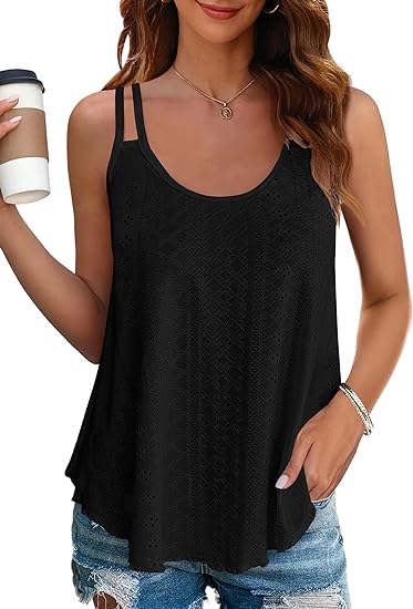 Women's Eyelet Knit Double Strap Sleeveless Flowy Tank Top