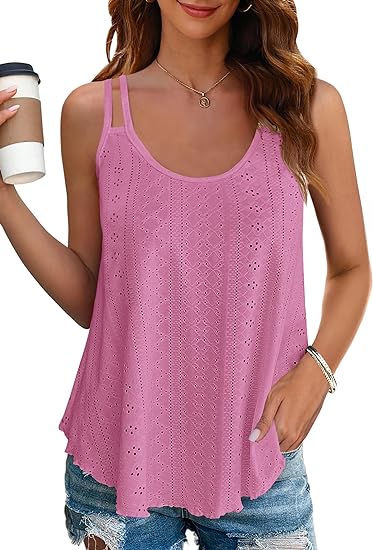 Women's Eyelet Knit Double Strap Sleeveless Flowy Tank Top