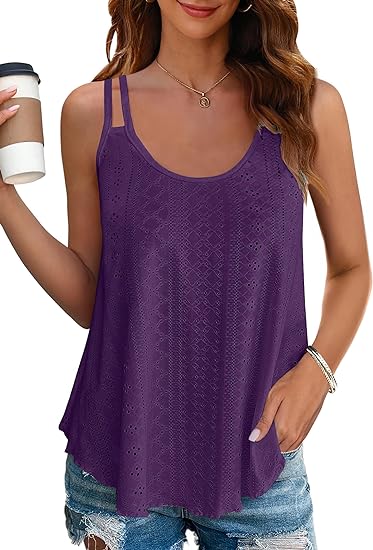 Women's Eyelet Knit Double Strap Sleeveless Flowy Tank Top