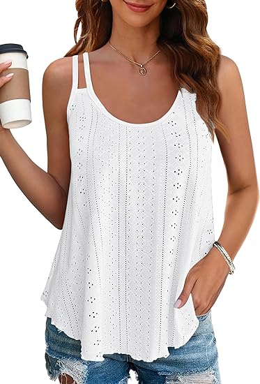 Women's Eyelet Knit Double Strap Sleeveless Flowy Tank Top