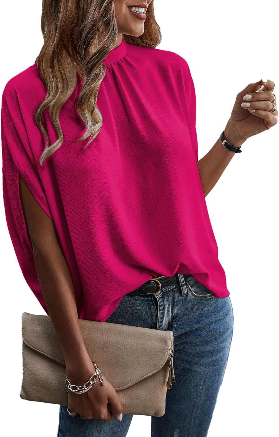 ⏰Hot Sale-Womens Mock Neck Batwing Sleeve Tops Loose Fit Tie Back Tunic Tops