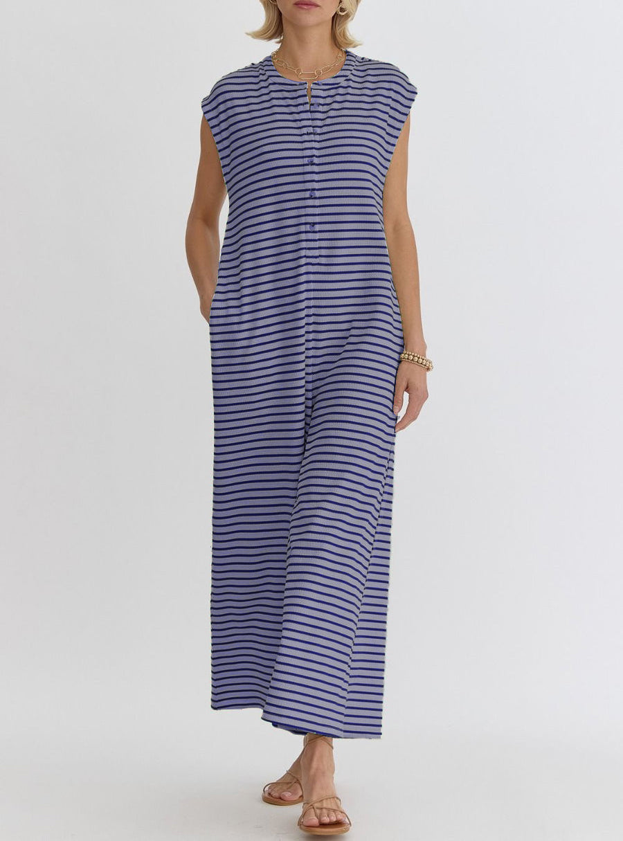 Striped Sleeveless Button Front Casual Wide Leg Jumpsuit with Side Pockets