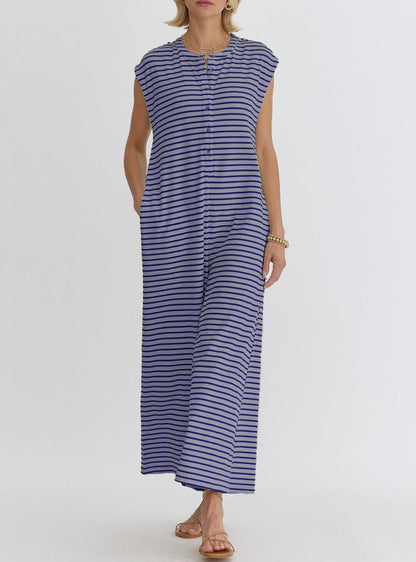 Striped Sleeveless Button Front Casual Wide Leg Jumpsuit with Side Pockets