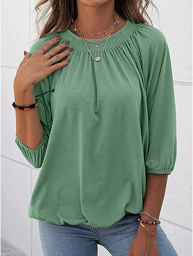 Limited time sale 🔥Women's Casual Cotton 3/4 Sleeve Loose Pleated Basic Tops
