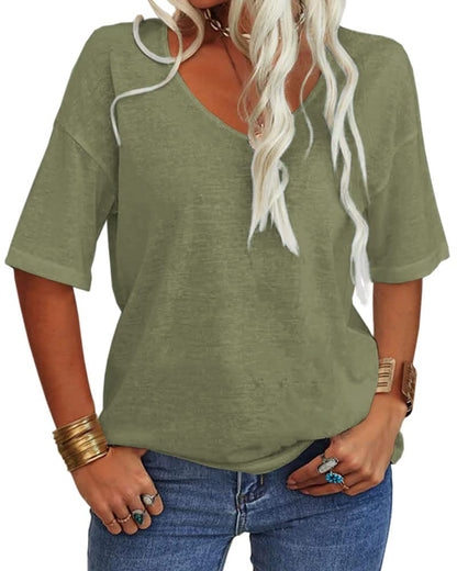 ⏰Hot Sale-Women's V-Neck Half Sleeves Oversized T-shirt Solid Basic Tops