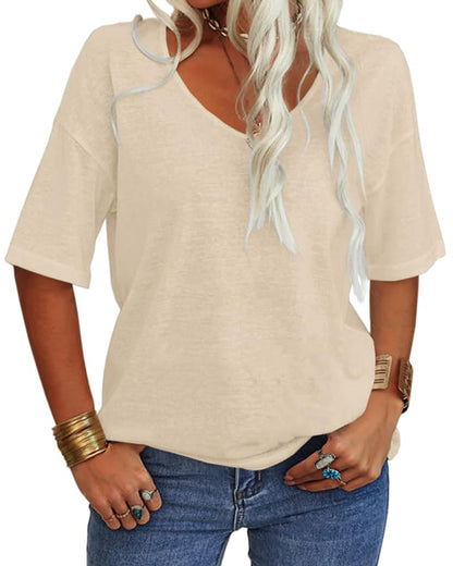⏰Hot Sale-Women's V-Neck Half Sleeves Oversized T-shirt Solid Basic Tops