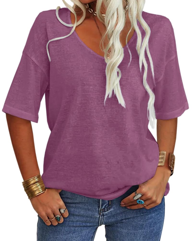 ⏰Hot Sale-Women's V-Neck Half Sleeves Oversized T-shirt Solid Basic Tops