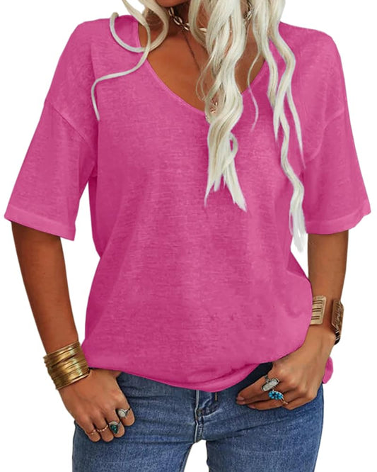 ⏰Hot Sale-Women's V-Neck Half Sleeves Oversized T-shirt Solid Basic Tops