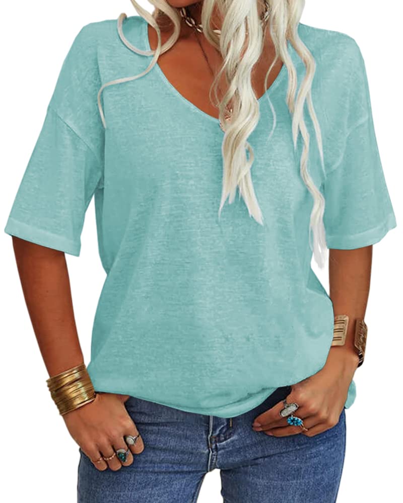 ⏰Hot Sale-Women's V-Neck Half Sleeves Oversized T-shirt Solid Basic Tops