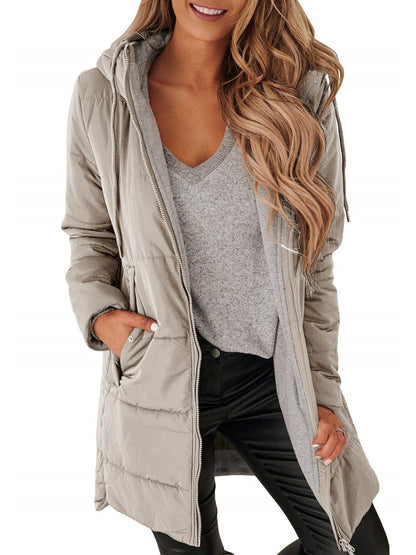 Women Hooded Drawstring Mid Puffer Coat