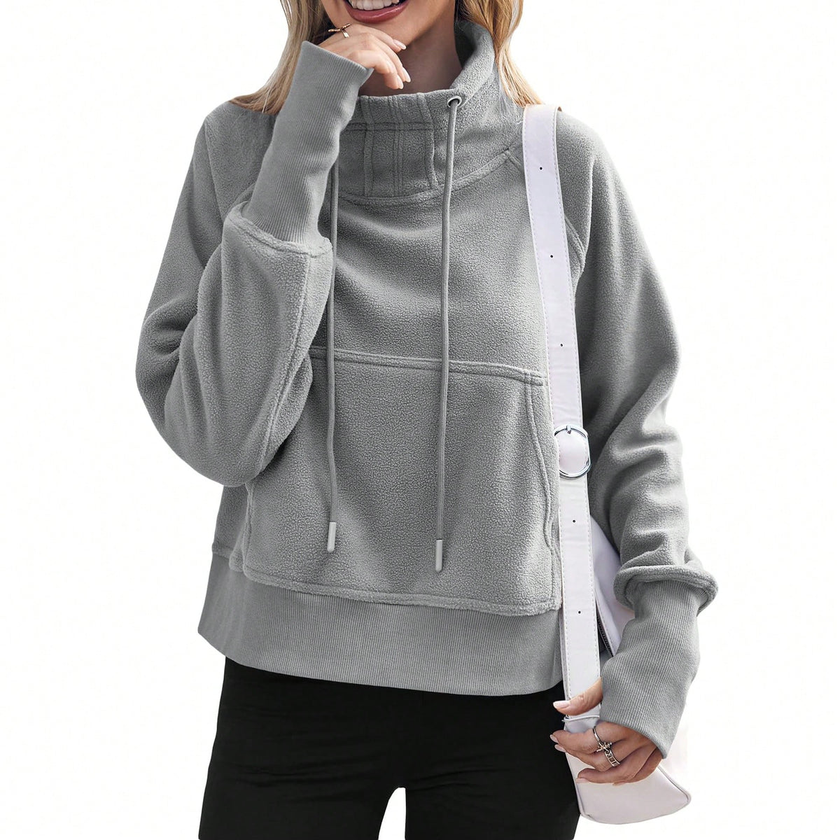 Women Fleece Lined High Neck Drawstring Sweatshirt Long Sleeve Pocket Pullover Top