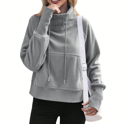 Women Fleece Lined High Neck Drawstring Sweatshirt Long Sleeve Pocket Pullover Top