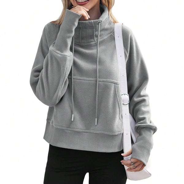Women Fleece Lined High Neck Drawstring Sweatshirt Long Sleeve Pocket Pullover Top