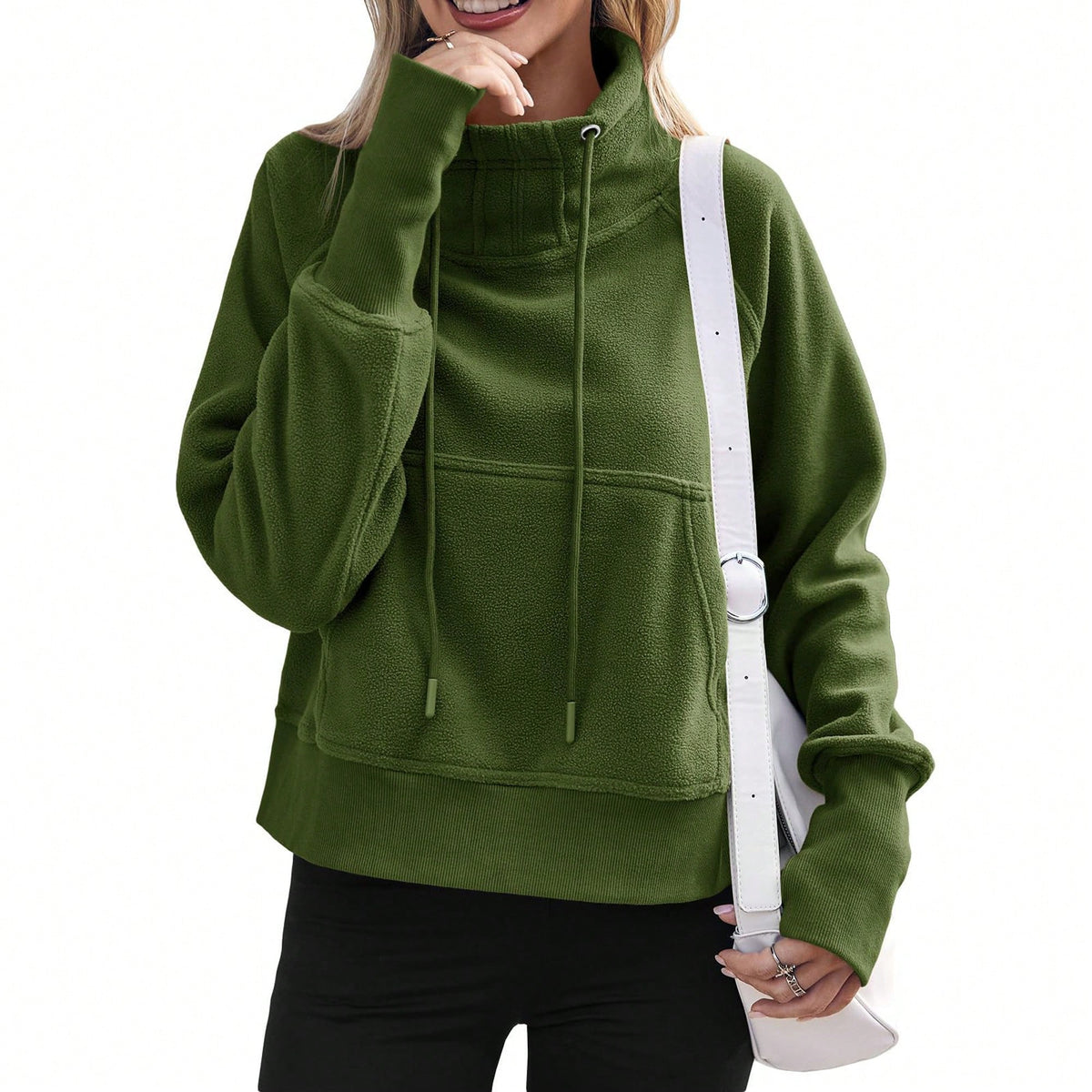 Women Fleece Lined High Neck Drawstring Sweatshirt Long Sleeve Pocket Pullover Top