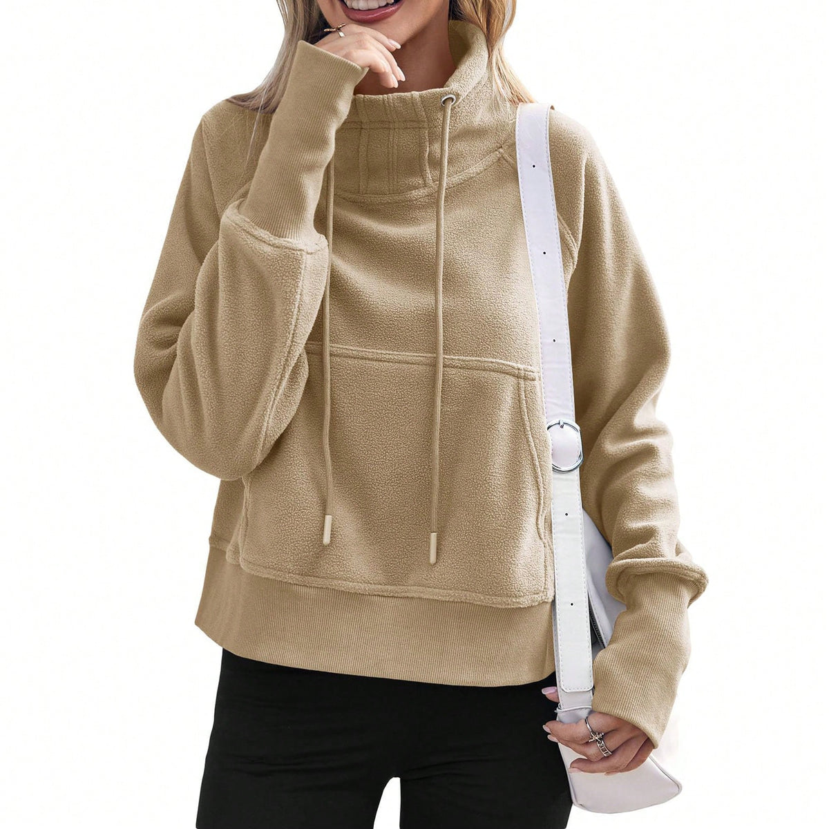 Women Fleece Lined High Neck Drawstring Sweatshirt Long Sleeve Pocket Pullover Top