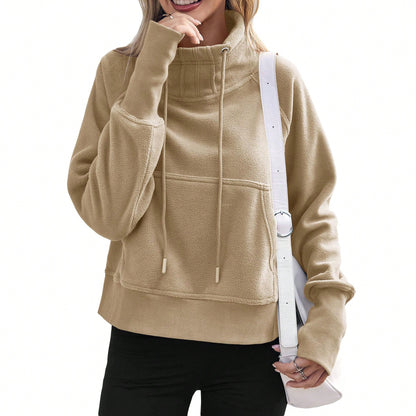 Women Fleece Lined High Neck Drawstring Sweatshirt Long Sleeve Pocket Pullover Top