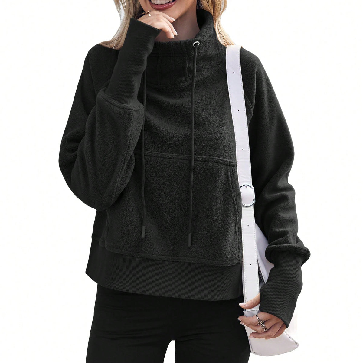Women Fleece Lined High Neck Drawstring Sweatshirt Long Sleeve Pocket Pullover Top