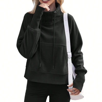 Women Fleece Lined High Neck Drawstring Sweatshirt Long Sleeve Pocket Pullover Top