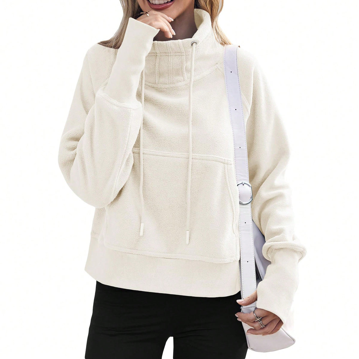 Women Fleece Lined High Neck Drawstring Sweatshirt Long Sleeve Pocket Pullover Top