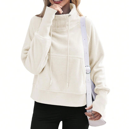 Women Fleece Lined High Neck Drawstring Sweatshirt Long Sleeve Pocket Pullover Top