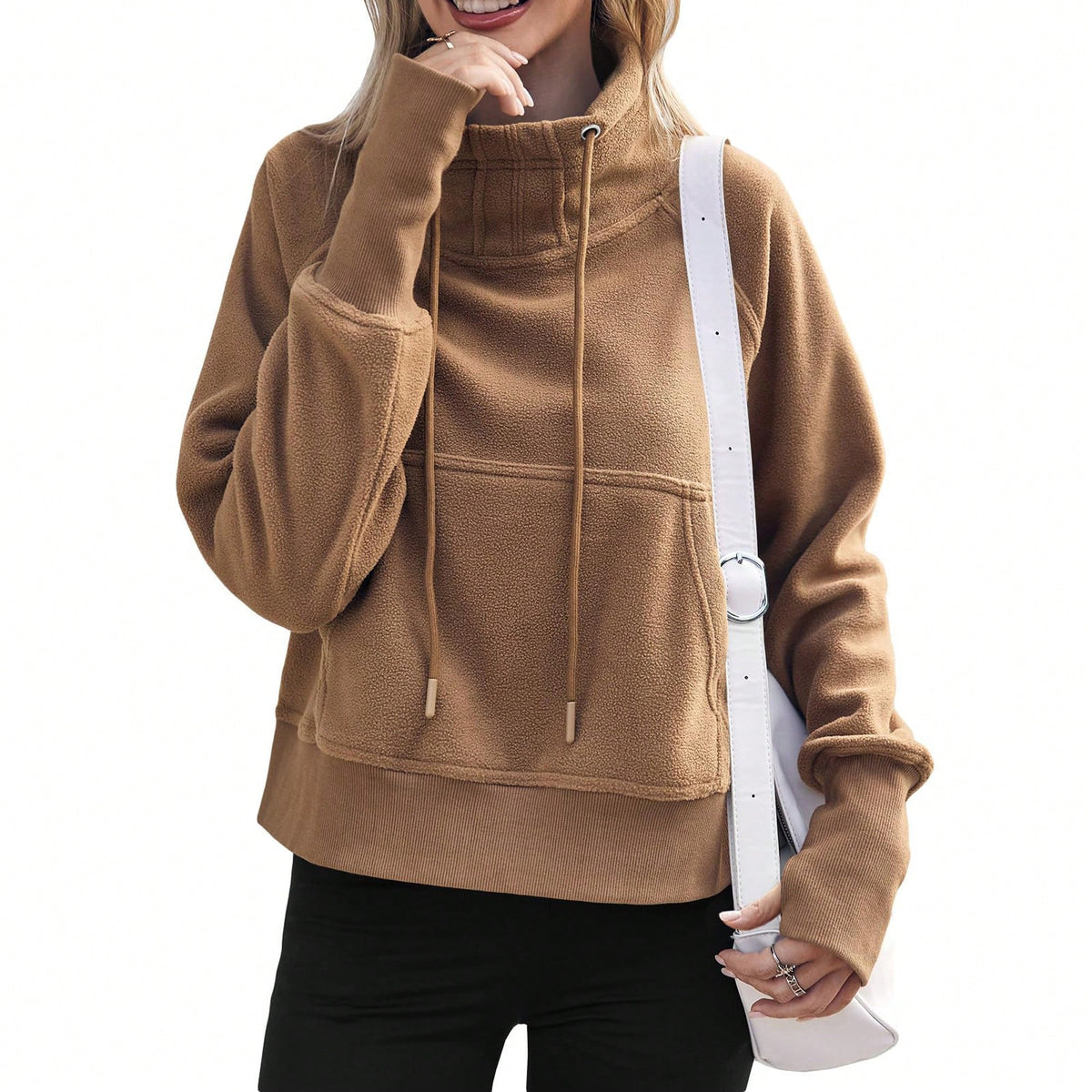 Women Fleece Lined High Neck Drawstring Sweatshirt Long Sleeve Pocket Pullover Top